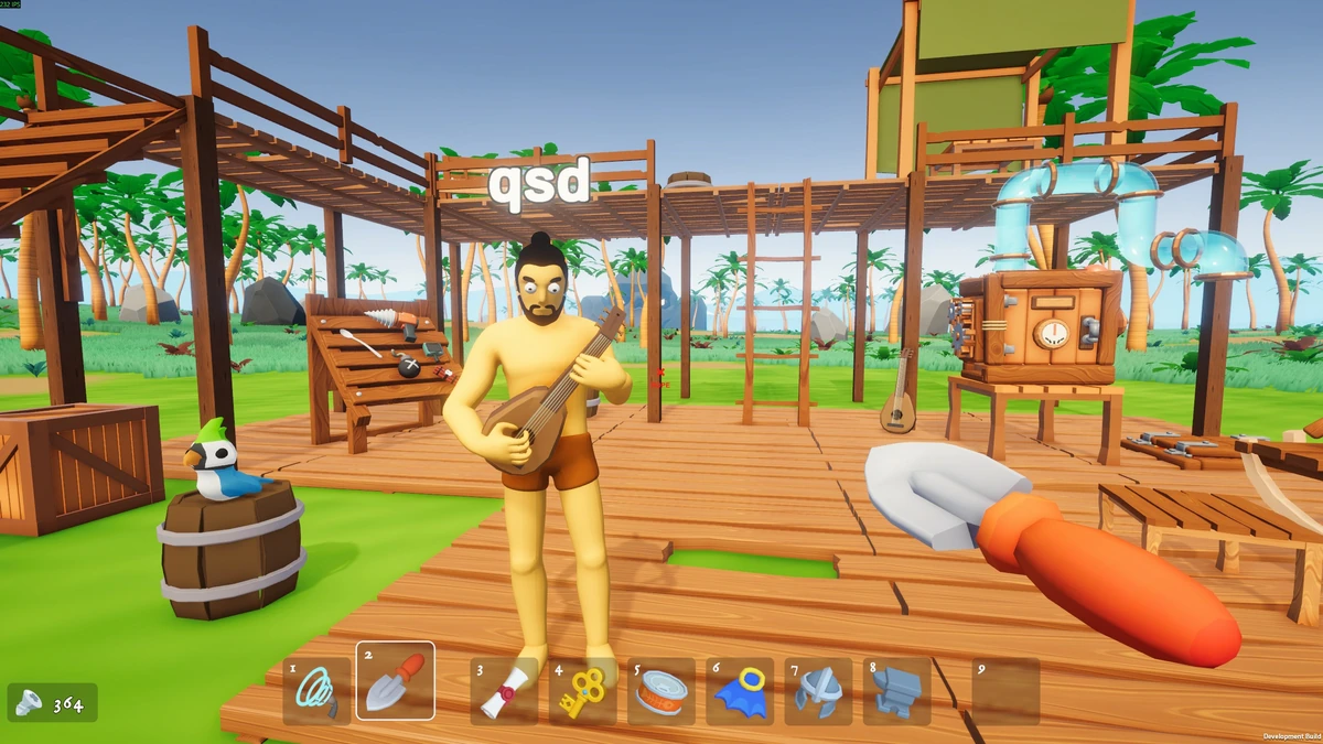 A co-op player performing with a guitar at the island base