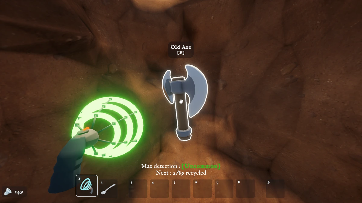 A metal detector highlighting an old axe deep underground