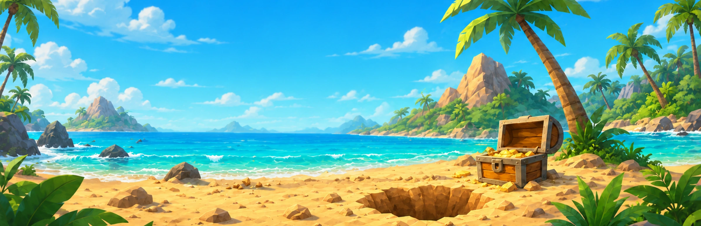 A tropical island beach with turquoise water, palm trees and a treasure chest
