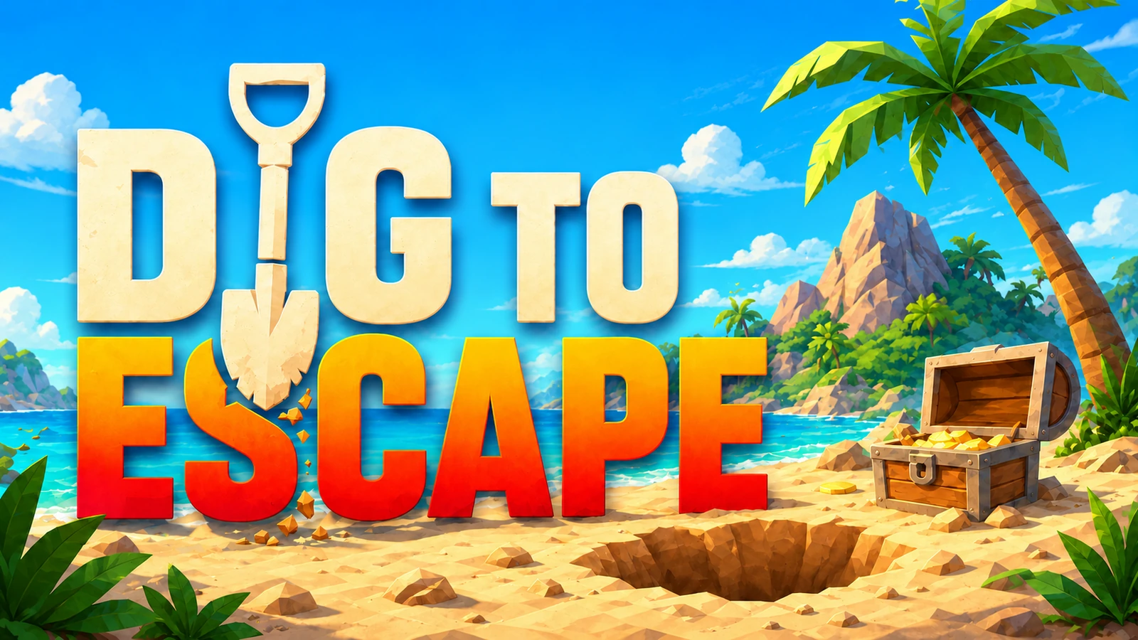 Dig to Escape key art with the game title, a tropical beach and a treasure chest