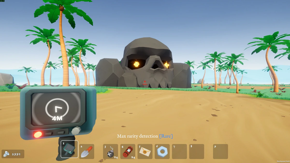 A giant skull landmark on the island, viewed while holding a detector